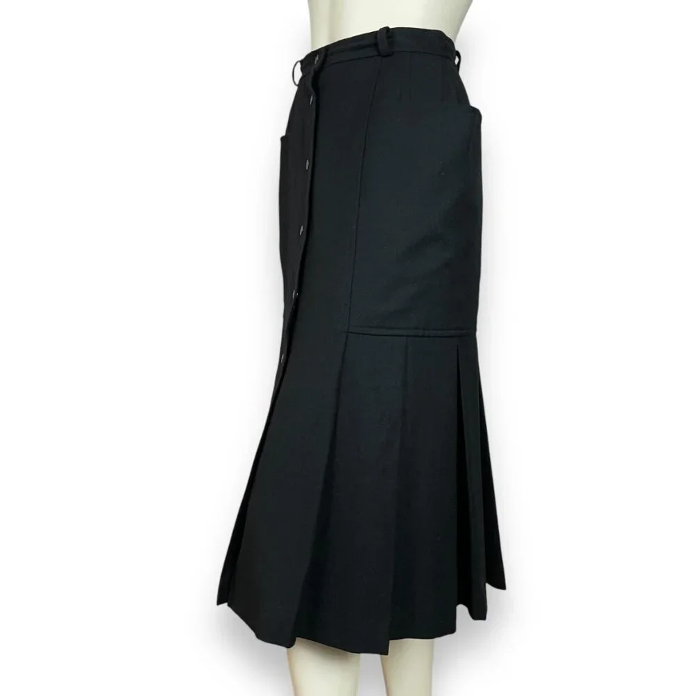 Vintage Henri Luc‎ Chapuis H-L Wool Skirt Pleated Black Lined Wide Pockets Snaps